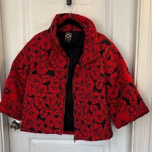 Red and Black Silk Puffer Floral Jacket